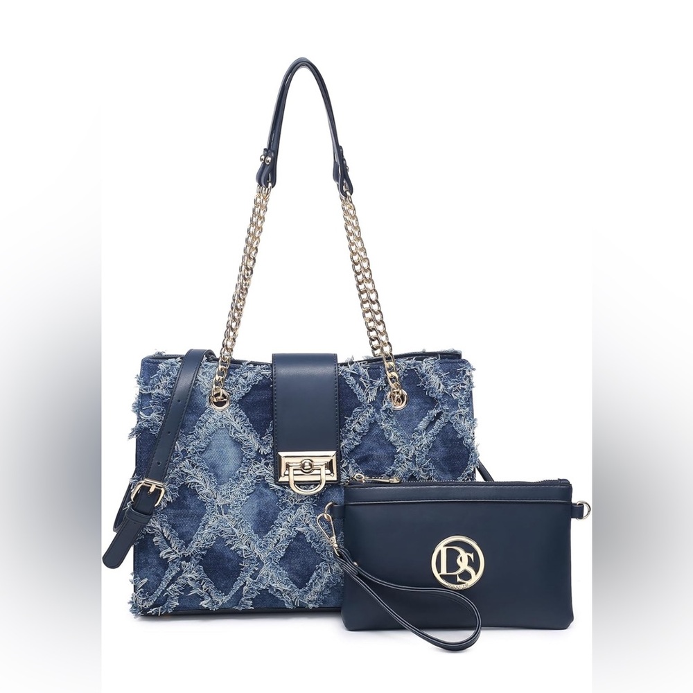 Denim bloe shoulder handbag and purse navy nwt gold clutch